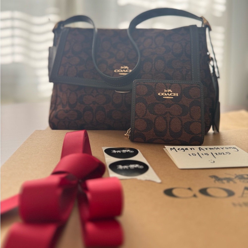 Coach Etta flap & matching bifold wallet SET in signature chenille